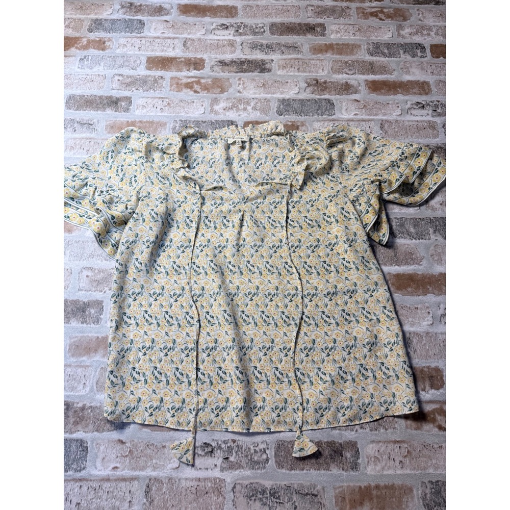 Max Studio Womens Yellow Floral Ruffle Tie Neck Flutter Sleeve Blouse Small